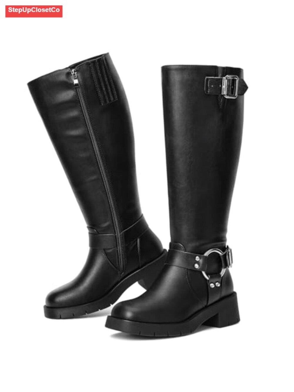 Wide Calf Knee High Boots Square Toe Wide Width Chunky Heel Plus Size Side Zip